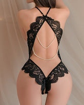 Sexy Lace Open Crotch Tights Pearl Backless Pajamas With Heart Decoration Leg Socks